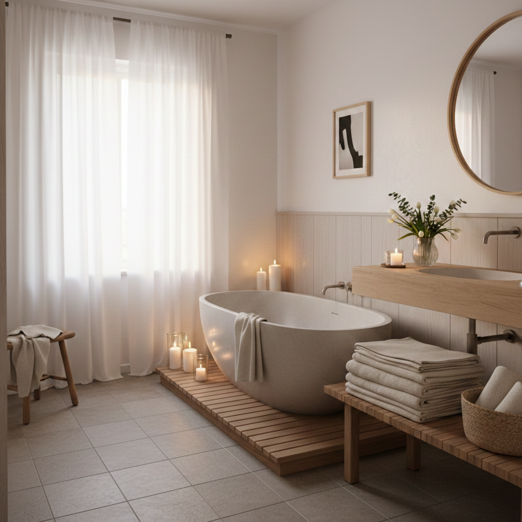 Et badeværelse med hvidt badekar, en masse bloklys, der står tændt og skaber hyggestemning.