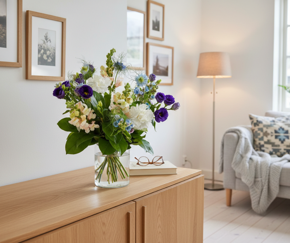 En buket står i en glasvase.