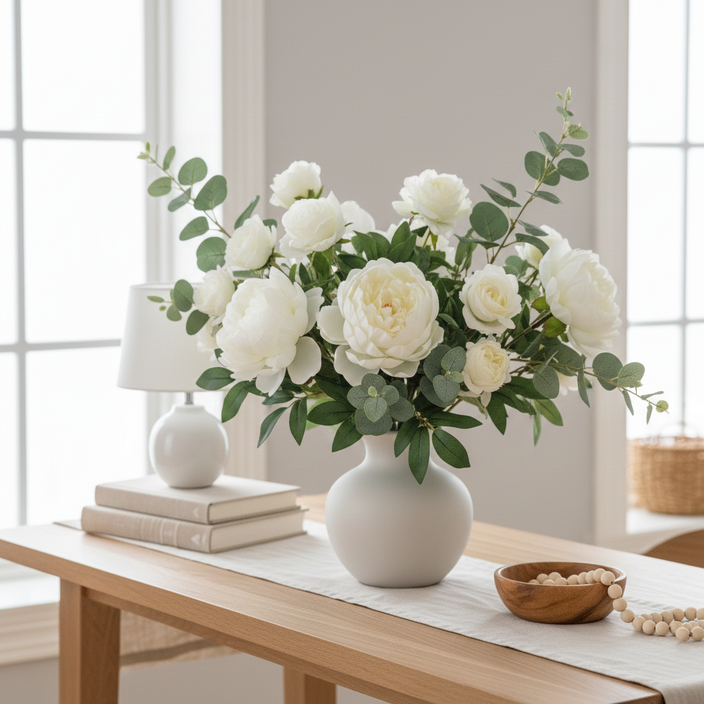 Hvide silkeblomster står i en hvid vase på et konsolbord.