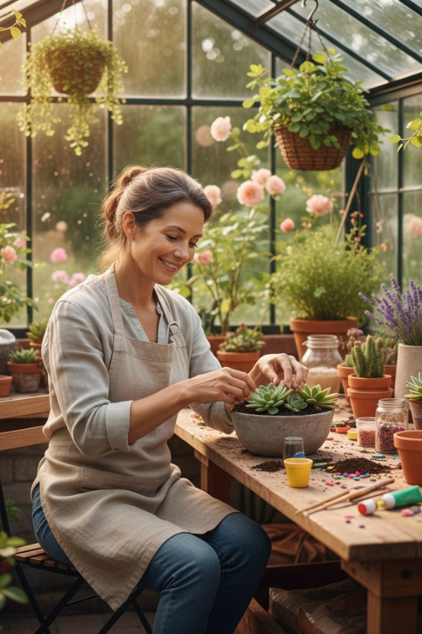 En kvinde sidder i et drivhus og tilplanter en krukke.